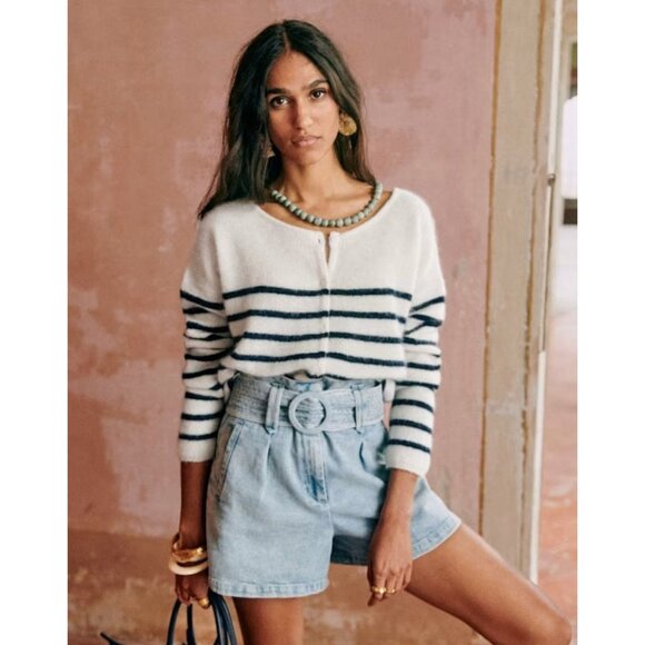 EUC Sézane Gaspard Mohair Alpaca Striped Cardigan Ecru Navy XL - Picture 1 of 9